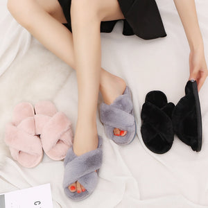 Winter Women House Slippers Faux Fur Fashion Warm Shoes Woman Slip on Flats Female Slides Black Pink cozy home  furry slippers