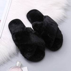 Winter Women House Slippers Faux Fur Fashion Warm Shoes Woman Slip on Flats Female Slides Black Pink cozy home  furry slippers