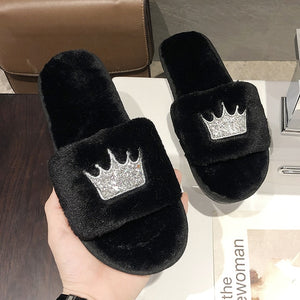 Winter Women House Slippers Faux Fur Fashion Warm Shoes Woman Slip on Flats Female Slides Black Pink cozy home  furry slippers