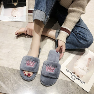 Winter Women House Slippers Faux Fur Fashion Warm Shoes Woman Slip on Flats Female Slides Black Pink cozy home  furry slippers